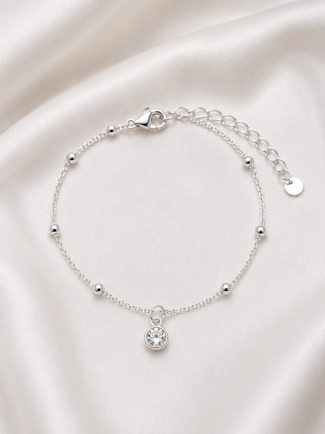 Pulseira Feminina Corrente com Bolinhas e Ponto de Luz em Zircônia | Banhada em Prata 925