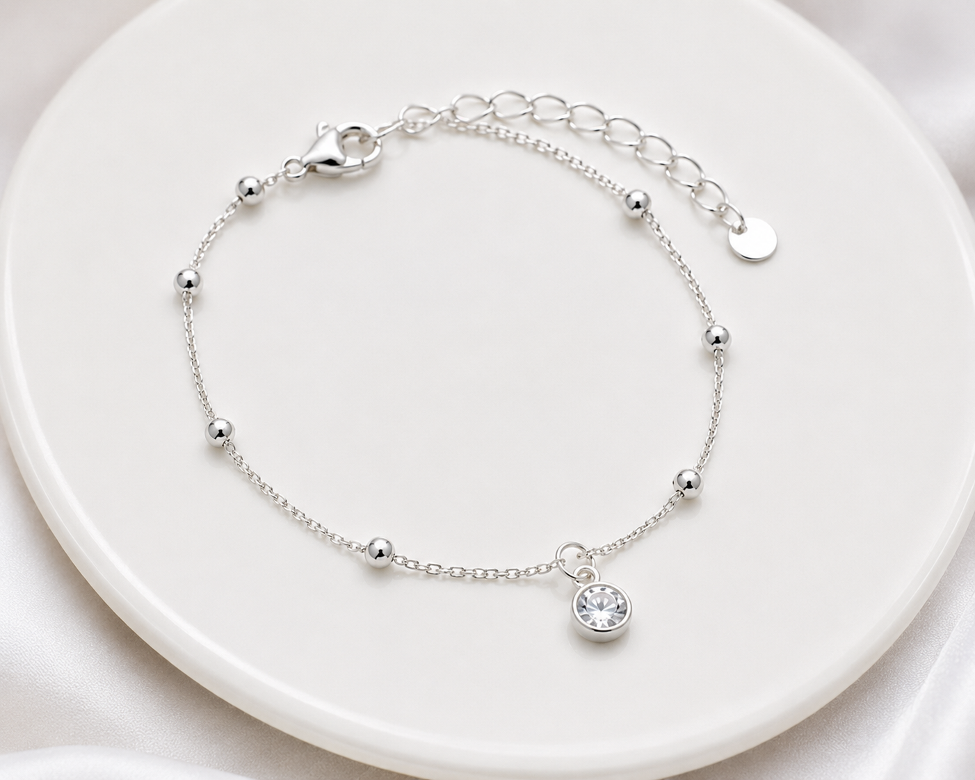 Pulseira Feminina Corrente com Bolinhas e Ponto de Luz em Zircônia | Banhada em Prata 925