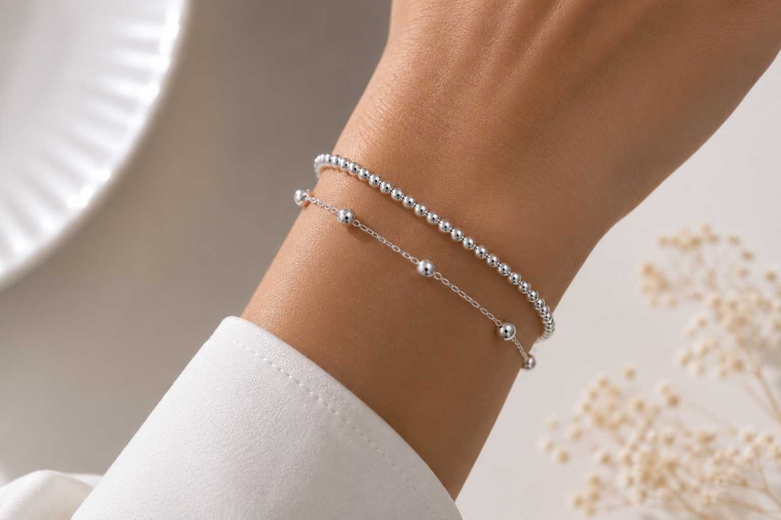 Pulseira Dupla com Bolinhas Banhada em Prata 925