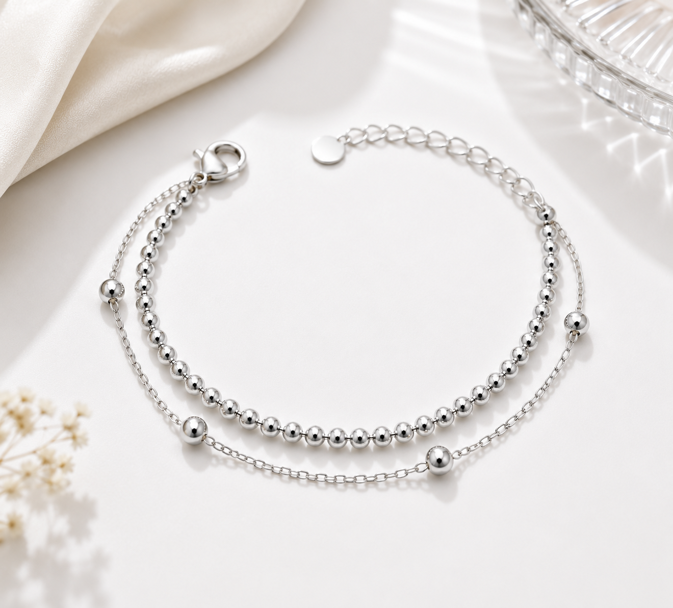 Pulseira Dupla com Bolinhas Banhada em Prata 925