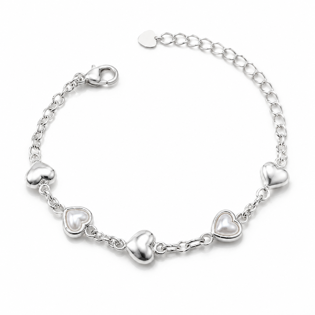 Pulseira Feminina Corações com Pérola Banhada em Prata 925