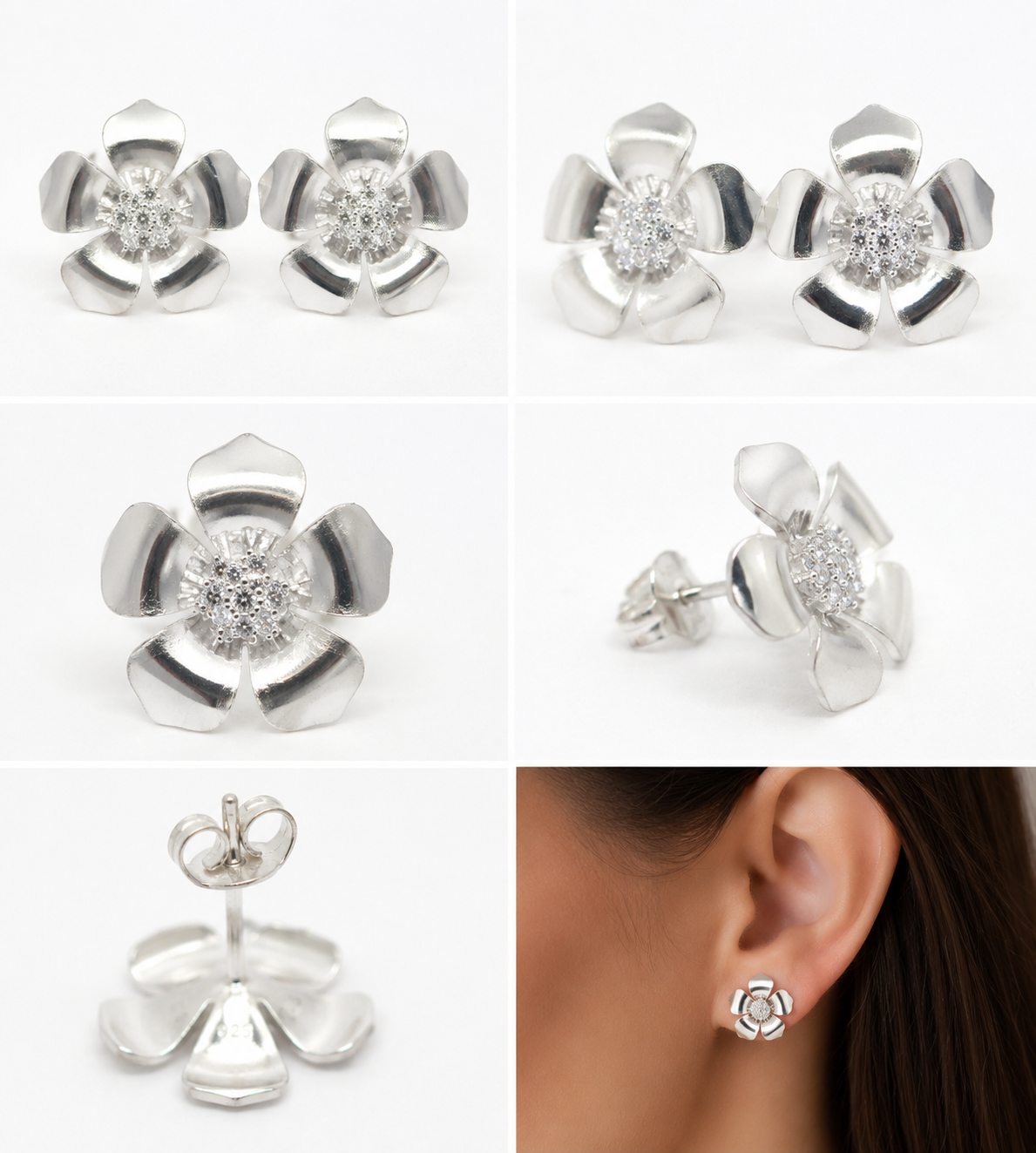 Brinco Flor com Zircônias Banhado em Prata 925