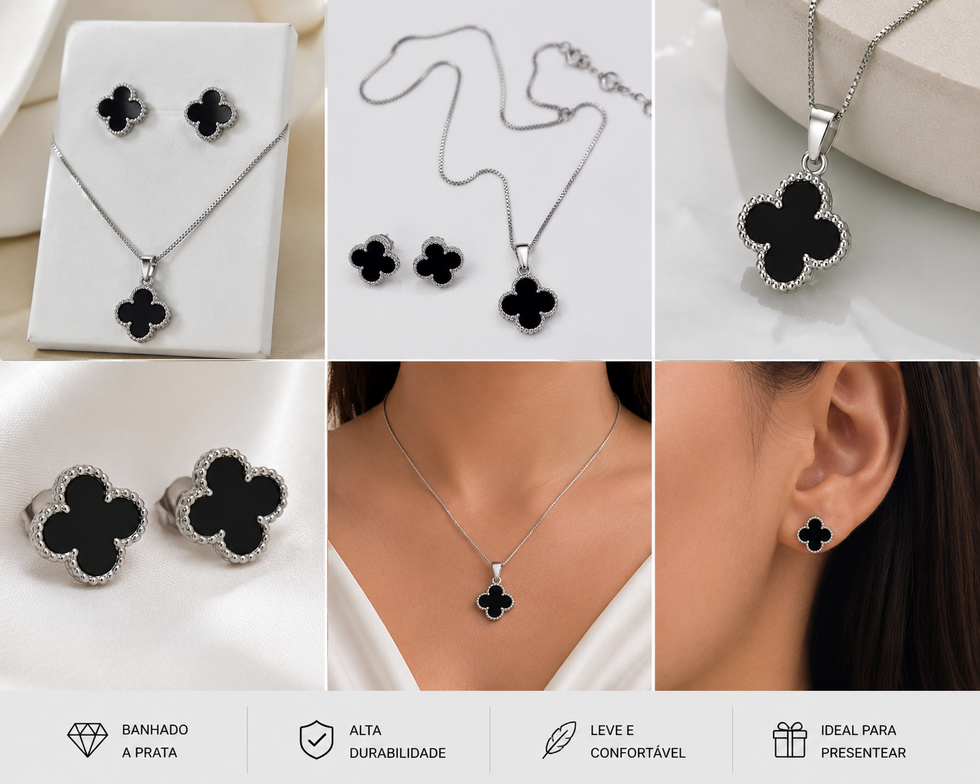 Conjunto Trevo Preto Banhado em Prata 925