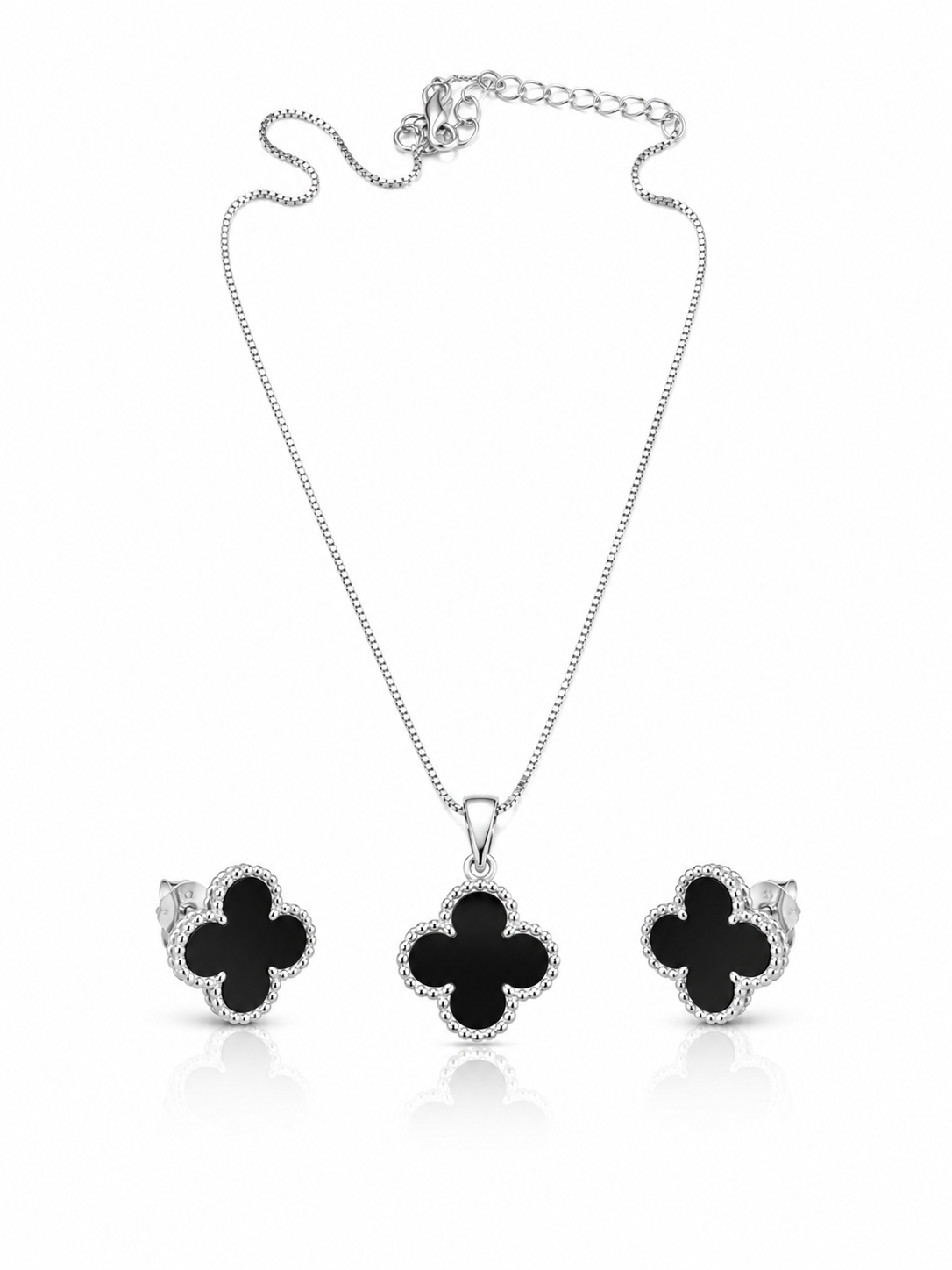 Conjunto Trevo Preto Banhado em Prata 925