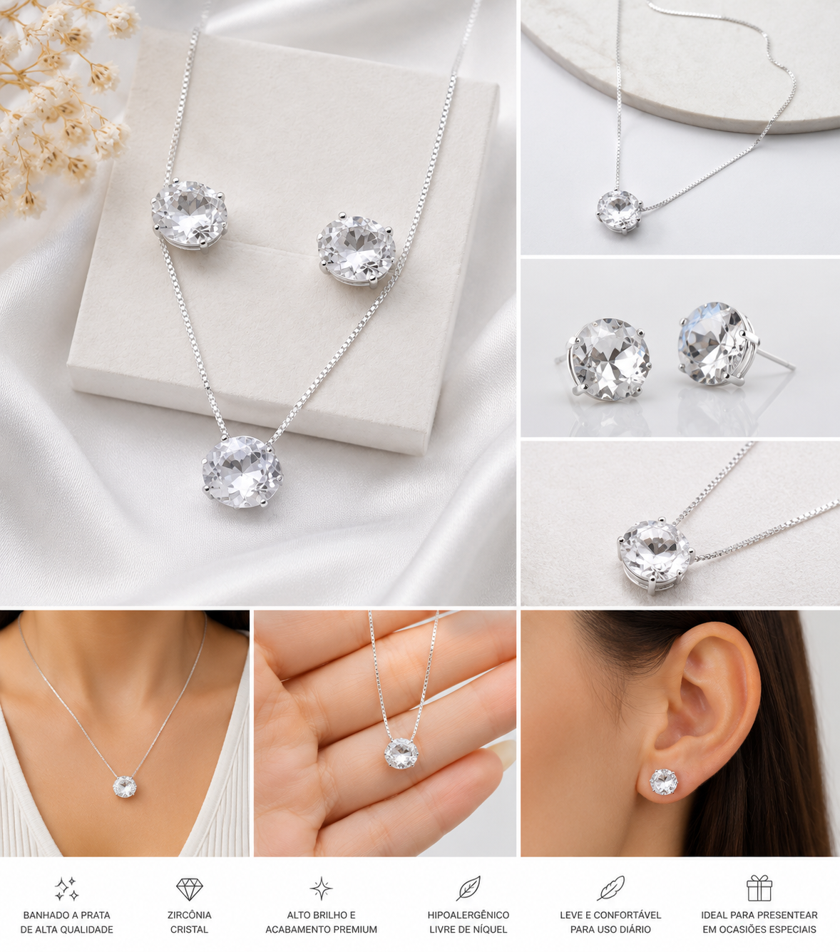 Conjunto Oval Cristal Banhado em Prata 925